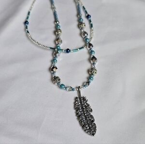 Blue and Silver Feather Pendant Necklace And Earrings, Hand crafted, New